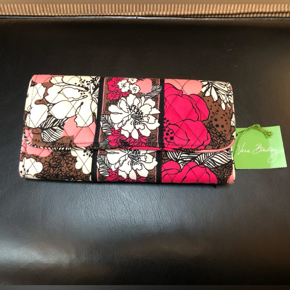 8" Vera Bradley Gallery Wallet Mocha Rouge Trifold Retired HTF Pink Clutch